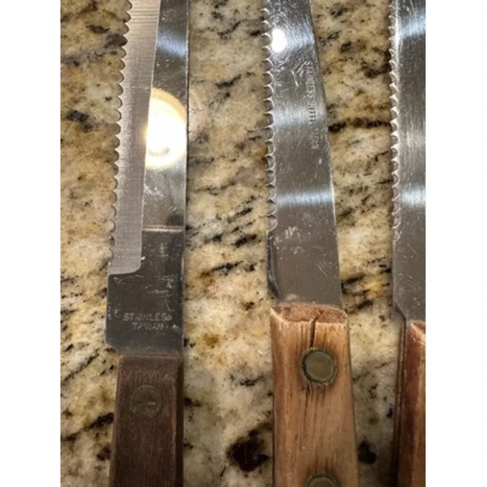 8 pc Vintage Stainless Steel Steak, Cheese, Grapefruit Knives Wood Handles Japan